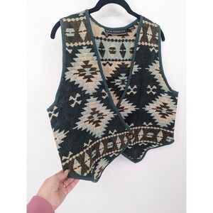 Southwestern Aztec Vest Womens Large Green Geometric Boho Cropped New Identity